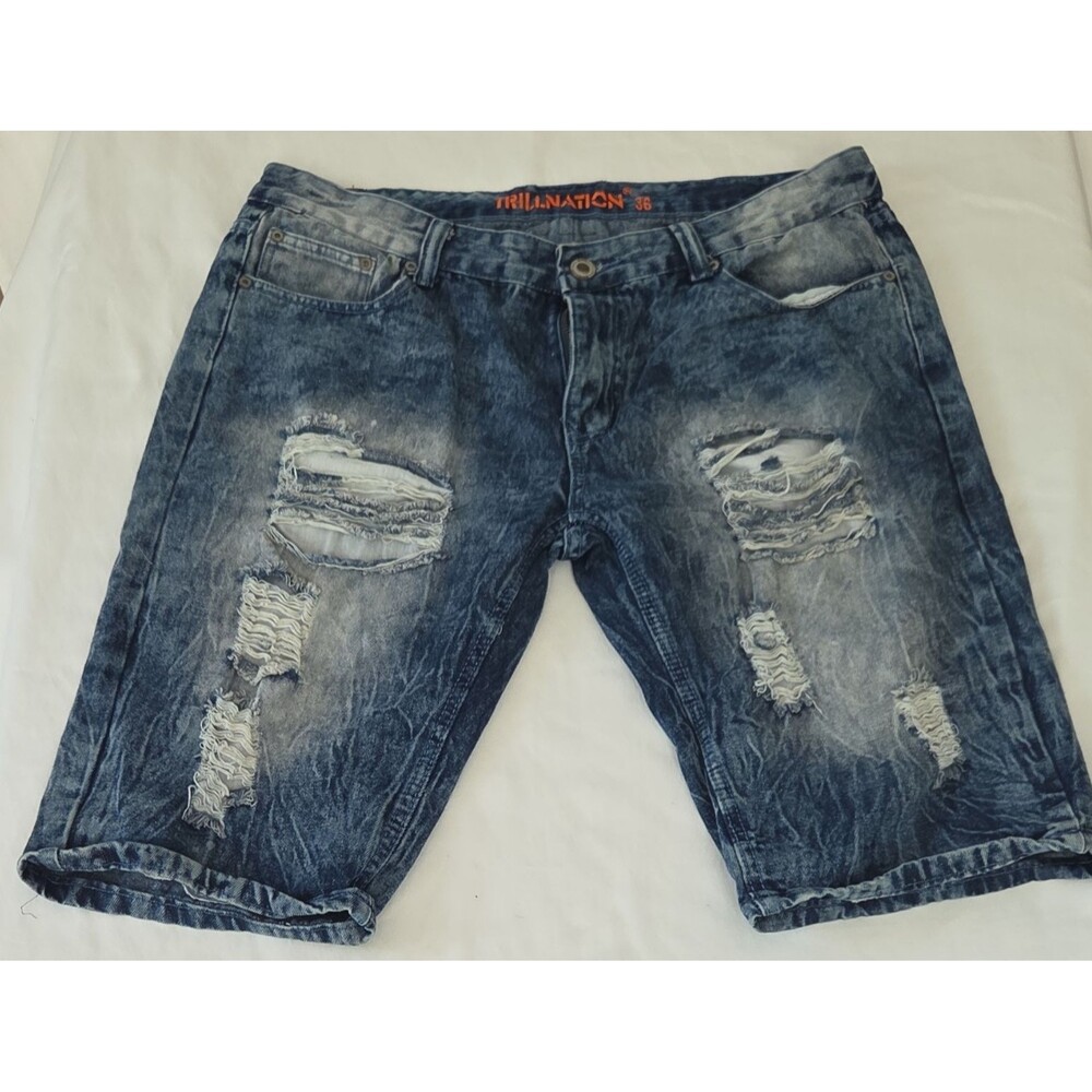 Trillnation Men's Distressed Denim Shorts Blue Cotton Polyester 5-Pocket Zip